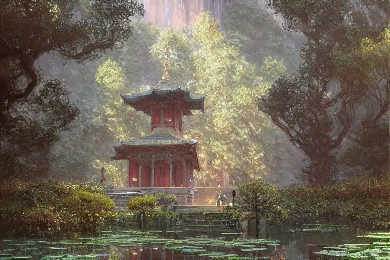 Prompt: temple. buddhism, impressionnisme, painting by greg rutkowski, artgerm, claude monet