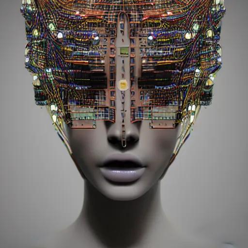 Image similar to deeper into the metaverse we go, piles of modular synth cables mixed with roots, puerto rican goddess swimming up wearing a headpiece made of circuit boards, by cameron gray, wlop, stanley kubrick, masamune, hideki anno, jamie hewlett, unique perspective, trending on artstation, 3 d render, vivid