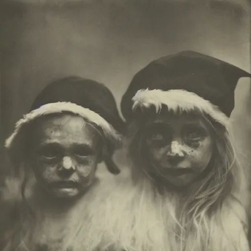 Image similar to portrait of children wearing santa masks, photograph, style of atget, 1 9 1 0, creepy, dark