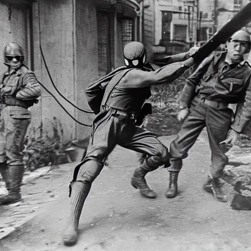 Prompt: world war II photograph of spider-man fighting on the front lines