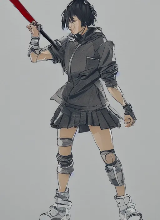 Image similar to a yoji shinkawa full body sketch of ninja tennis player girl holding a sword wearing a puffy anorak, short white skirt and yeezy 5 0 0 sneakers