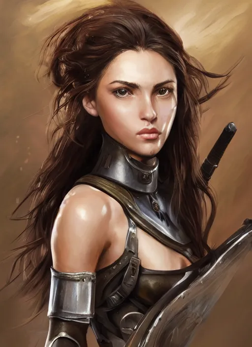 Image similar to a professionally painted portrait of an attractive young girl, partially clothed in battle armor, olive skin, long dark hair, beautiful bone structure, perfectly proportioned, nubile body, symmetrical facial features, intricate, elegant, heroic pose, digital painting, concept art, smooth, sharp focus, finely detailed, beautifully framed, from Metal Gear, in the style of Artgerm and Greg Rutkowski and William-Adolphe Bouguerea