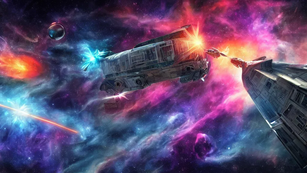 Prompt: a photorealistic concept art of a space van flying in front of a nebula, siny metal, graffiti on the side, epic, star wars style, 4 k hd wallpaper, premium prints available, hyper realistic, bright iridescent light, legendary, trending on artstation