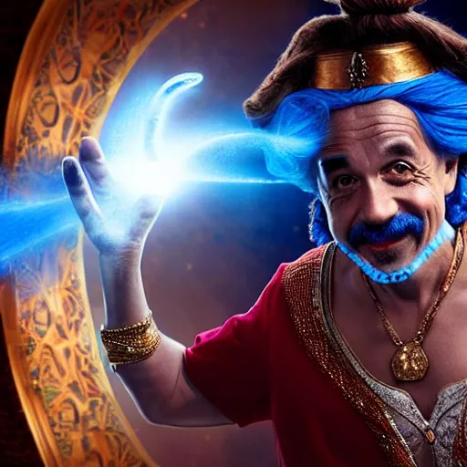 Prompt: albert einstein as genie with blue skin in the movie aladdin, movie still 8 k hdr atmospheric lighting