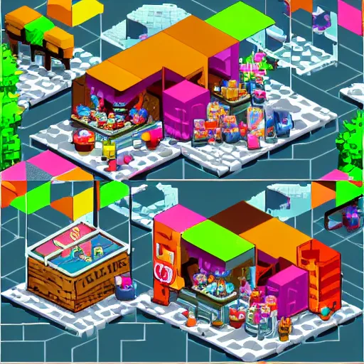 Image similar to isometric 1 6 bit pixel art ice cream shop, cyberpunk, kai vermehr