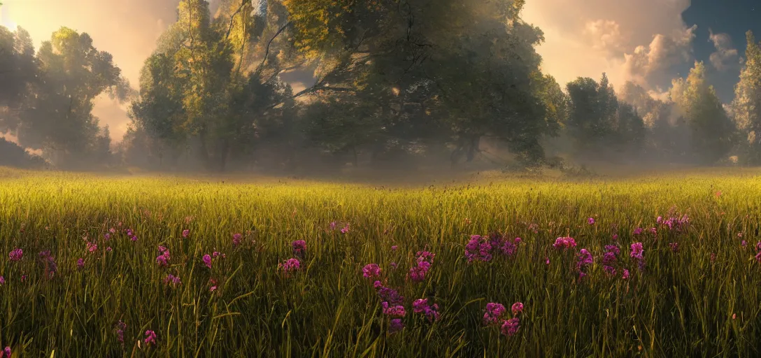 Image similar to a meadow shown from the beginning of the earth to the death of the universe, trending on artstation, 4 k, ray tracing, stunning visuals, concept art, unreal engine, highly detailed, cinematic lighting, wide angle lens