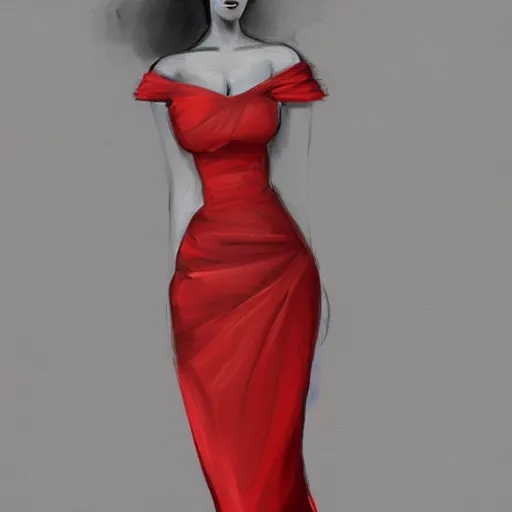 Image similar to beautiful woman in evening dress looks thoughtfully to the side, grayscale painting with red dress, highly detailed portrait, digital painting, artstation, concept art, smooth, sharp foccus ilustration, Artstation HQ