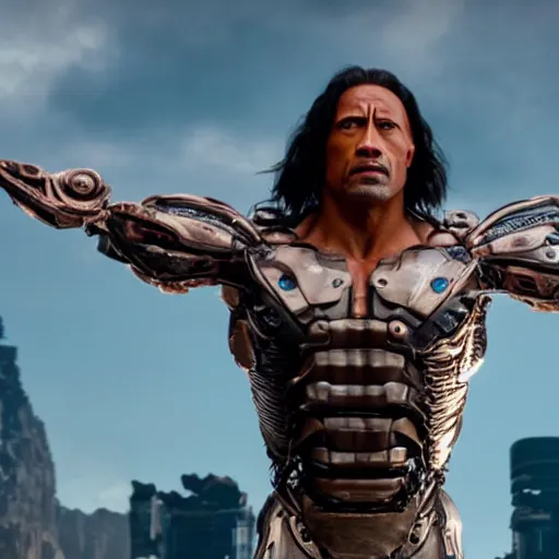 Prompt: cinematic still of dwayne johnson in alita : battle angel ( 2 0 1 9 ), xf iq 4, f / 1. 4, iso 2 0 0, 1 / 1 6 0 s, 8 k, raw, dramatic lighting, symmetrical balance, in - frame