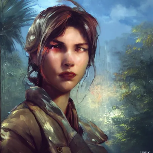 Prompt: fallout 5, charismatic beautiful rugged brunette female protagonist, portrait, outdoors tropical cityscape, atmospheric lighting, painted, intricate, volumetric lighting, beautiful, daytime, sunny weather, few clouds, sharp focus, deep colours, ultra detailed, art by william turner, krenz cushart and wenjun lin