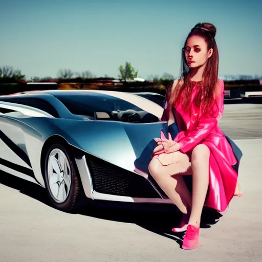 Prompt: A beautiful girl with an outfit from the future next to her futuristic car