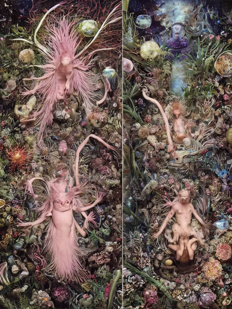 Prompt: close up portrait photography, of an axolotl aboriginal shaman embeacing space travellers in underworld, floria sigismondi, gregory crewdson, ernst haeckel