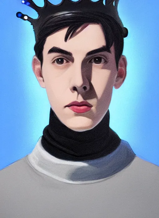 Image similar to portrait of teenage jughead jones wearing a light grey crown, crown, blue turtleneck, 1 9 5 0 s, closed eyes, photorealistic, black hair, glowing lighting, intricate, elegant, glowing lights, highly detailed, digital painting, artstation, concept art, smooth, sharp focus, illustration, art by wlop, mars ravelo and greg rutkowski