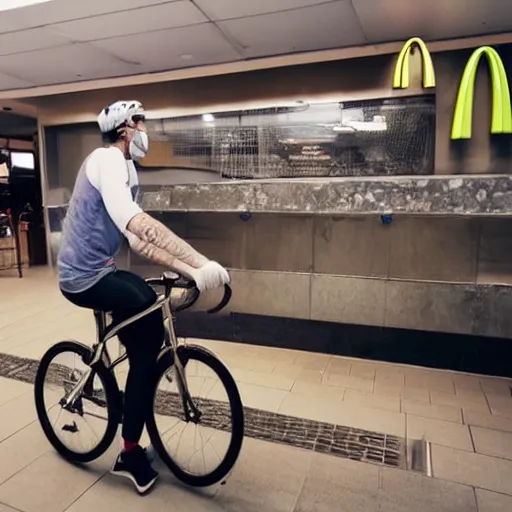 Image similar to cyclist in mcdonalds toilet eating donuts and drinking yerba mate