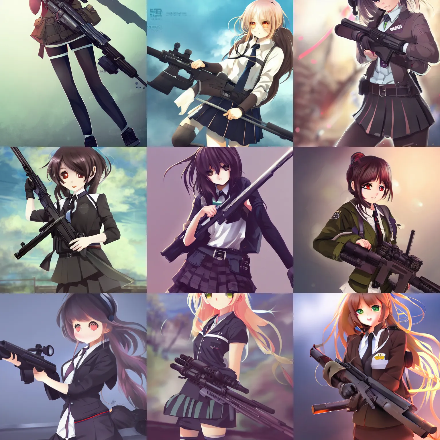 Prompt: anime, full body, cute, female, a cute girl wearing a school uniform and holding a sniper rifle, gorgeous lighting, highly detailed, digital painting, art station, sharp focus, high quality, frontal view, illustration, concept art, advanced digital anime art