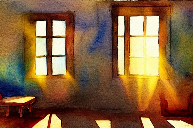 Image similar to rays of the morning sun shining through the window of the village house. very beautiful, clear sky, warm shiny colors, watercolor drawing