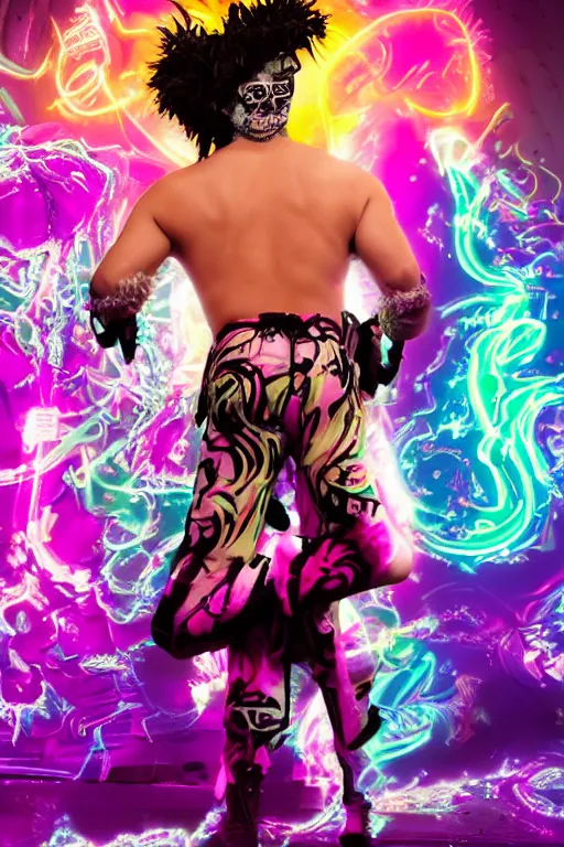 Image similar to full-body rococo and cyberpunk style neon statue of a young attractive Pauly D wearing cholo shades macho dotado e rico android sim roupa reclining con las piernas abertas e la piroca dura, ethereal white dripping tar, glowing white lasers, pink tigers, glowing eyes, silver prince crown, black gears, pink diamonds, swirling mint-colored silk fabric. futuristic elements. full-length view. human skulls. large intricate artwork by caravaggio. Trending on artstation, octane render, cinematic lighting from the right, hyper realism, octane render, 8k, depth of field, 3D