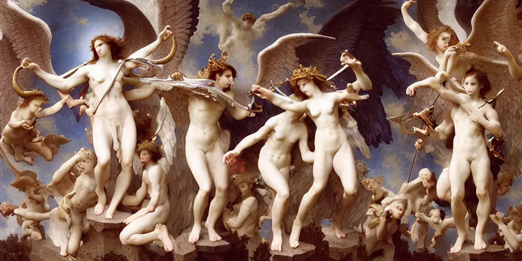 Prompt: 3 d rendered scene of the battle of angels and demons at the entrance to the fractal palace of cosmos painting by bouguereau made in unreal engine hyper realistic, beautiful face, symmetrical face, good and evil, scrollwork, silver leaf, magical, detailed intricate, heraldic design, atmosphere, beautiful, realistic, detailed