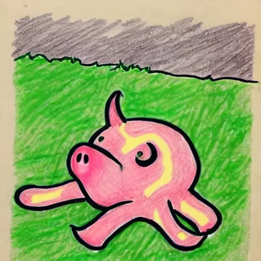 Prompt: super basic drawing of a pig - octopus, weeds, crayon on paper