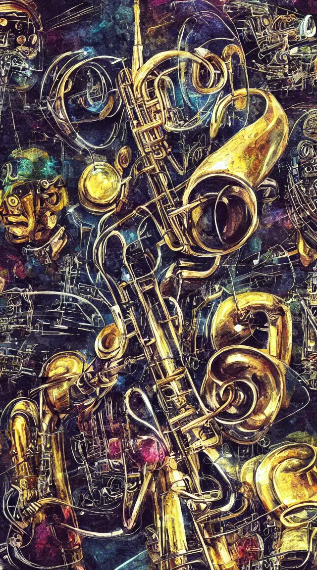 Prompt: jazz, trumpet, sci fi, music notes, robot, wallpaper, masterpiece, hdr