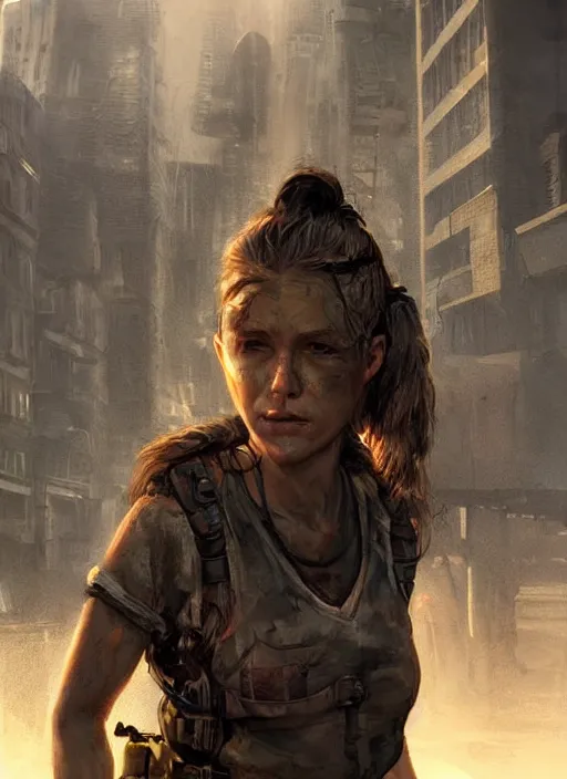 Image similar to portrait of a survivalist woman in a post apocalyptic city at dawn, beautiful digital concept art trending on artstation, ultra - realistic lifelike high details, cinematic lighting dystopian art