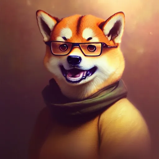 Prompt: portrait painting of a cute shiba inu bard with glasses, ultra realistic, concept art, intricate details, eerie, highly detailed, photorealistic, octane render, 8 k, unreal engine. art by artgerm and greg rutkowski and charlie bowater and magali villeneuve and alphonse mucha