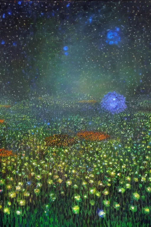 Image similar to a field of bioluminescent flowers surrounded by topiaries on a starlit night by Philipp A Urlich and Monet, trending on artstation, artstationHD, artstationHQ, 4k, 8k