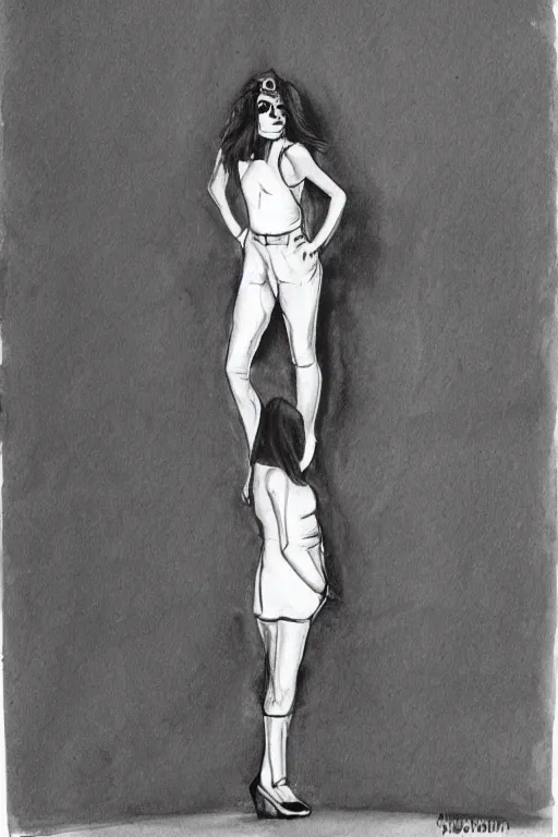 Image similar to lady gaga standing on a street corner, black and white pencil and ink