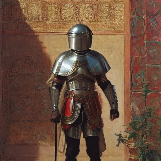 Prompt: orientalist portrait of a knight wearing plate armor standing in a market intricate artwork by john william waterhouse and Edwin Longsden Long and Theodore Ralli and Henryk Siemiradzki. trending on artstation, very coherent symmetrical artwork high detail 8k