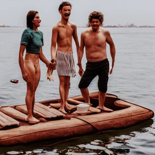 Image similar to four people on a wooden raft