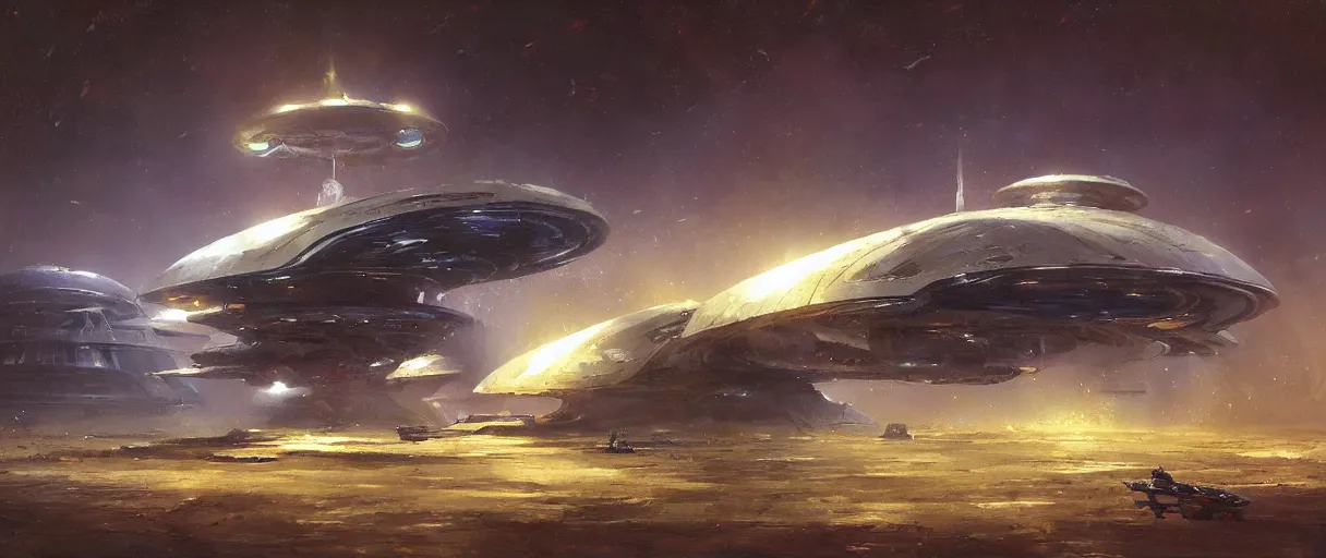 Image similar to An oil painting of a huge alien starship by Craig Mullins