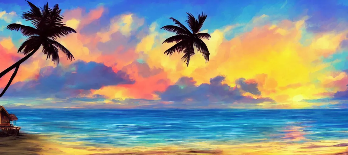 Prompt: small house on a tiny island in the middle of the ocean, sandy beach surrounding the island, (((colorful clouds))), sunset, palm trees, digital art, artstation