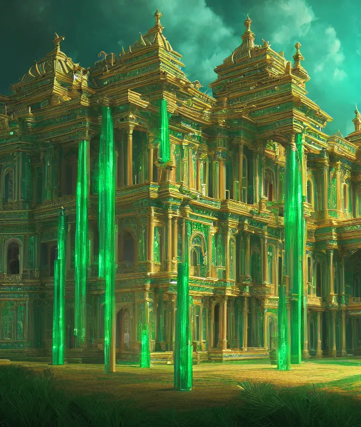 Image similar to a detailed digital painting of a palace made of gleaming emeralds, trending on artstation, digital art, 4 k resolution, detailed, beautiful render, octane render, high quality, sharp focus, hq artwork, coherent, insane detail, concept art