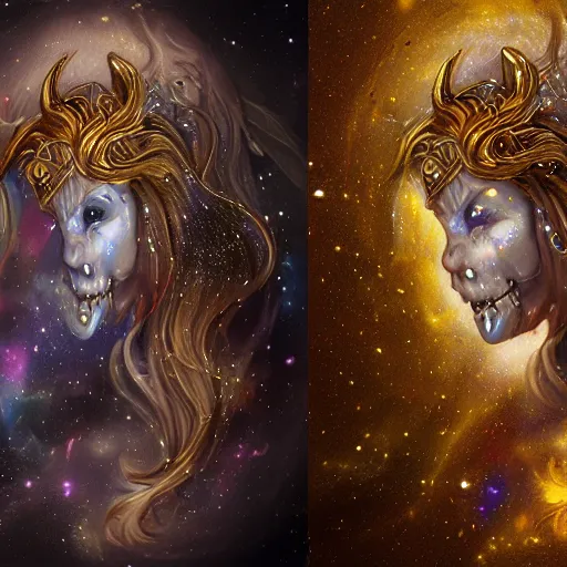 Image similar to a wlop 3 d render of very very very very highly detailed beautiful mystic portrait of a phantom undead golden unicorn with whirling galaxy around, tattoos by anton pieck, intricate, extremely detailed, digital painting, artstation, concept art, smooth, sharp focus, illustration, intimidating lighting, incredible art,