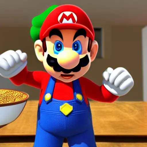 Image similar to super mario eating a bowl of cereal