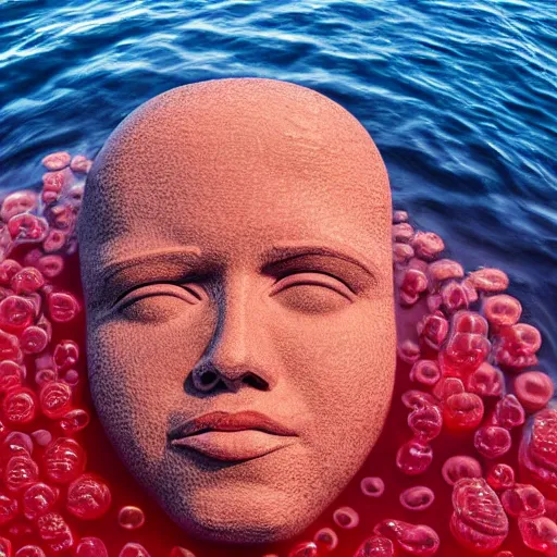 Image similar to a giant human head sculpture in the sea made out of juicy and half transparent red jelly, in the style of chad knight, long shot, hyper detailed, hyper realistic, ray tracing, 8 k resolution, sharp focus, realistic water, award winning