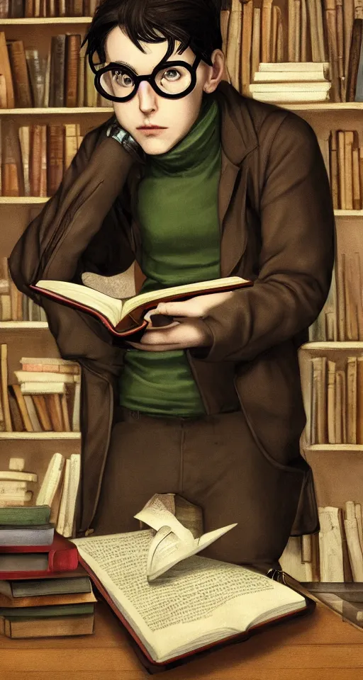 Prompt: inquisitive one eye'd homunculus in a library, sitting at a table, wearing glasses and a turtleneck is reading a book with a lot of pages and a leather cover, realistic, 4 k,