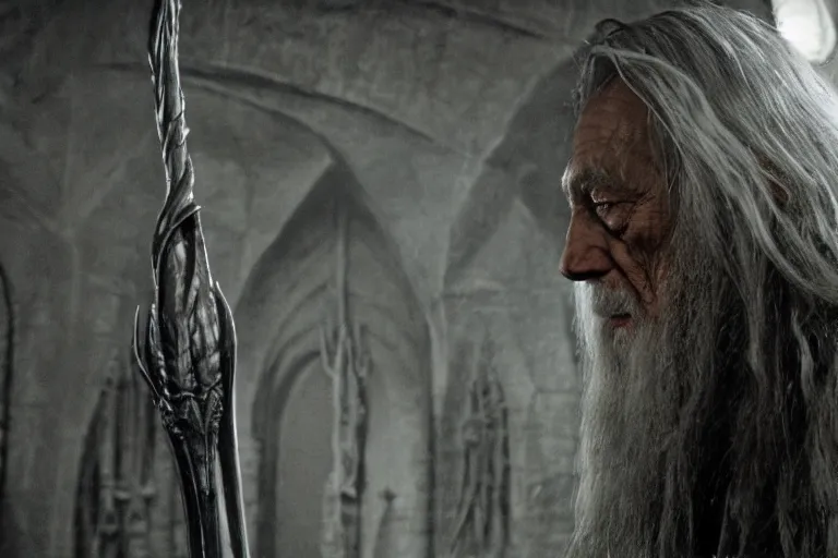 Image similar to gandalf played by lance henriksen stood outside orthanc, style of h. r. giger, directed by david fincher, muted tones, detailed