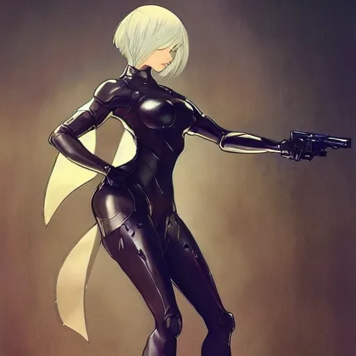 Image similar to a digital concept art by artgerm and greg rutkowski and alphonse mucha. clear portrait of 2 b nier automata in a skintight suit aiming a gun!! hyper detailed, character concept, full body!! dynamic pose, glowing lights!! intricate, elegant, highly detailed, digital painting, artstation, concept art, smooth, sharp focus, illustration