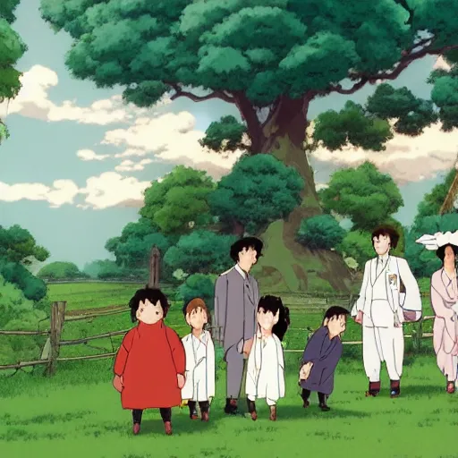 Image similar to STUDIO GHIBLI | a wedding at the farm, happy antropomorphic farm animals wearing wedding suits and robes, extended family, outside, mountain background, by Studio Ghibli, still picture, perfect movie shot, animation masterpiece, composition, frame