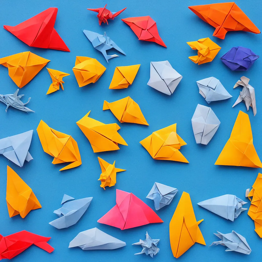 Prompt: Origami sea creatures in a paper ocean diorama, 4k