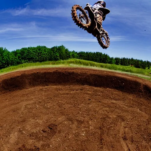 Image similar to a cow doing a motocross jump, fisheye lens