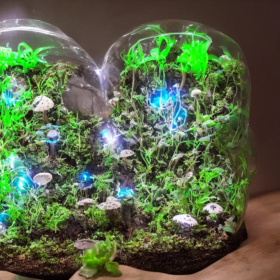 Prompt: a terrarium of bioluminescent magical mushroom with veins