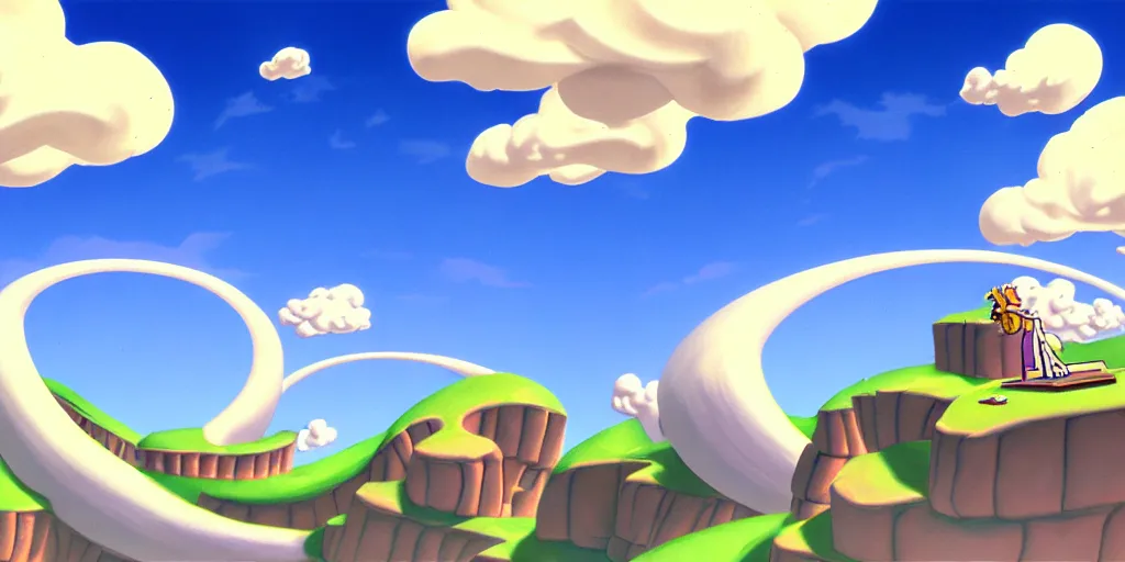 Prompt: cartoon concept art, clean blue sky spiral clouds, from sam and max