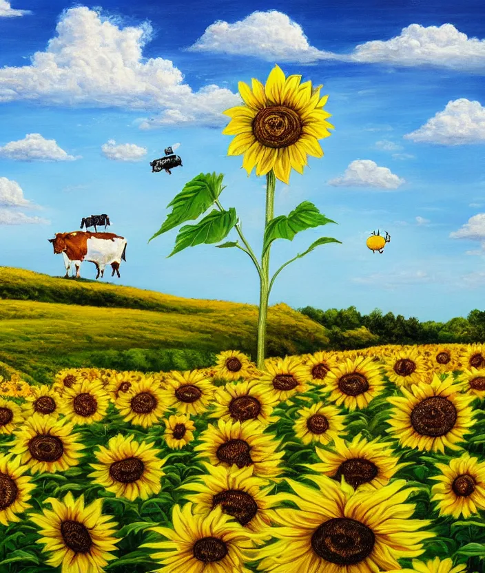 Image similar to a highly detailed painting of a sunflower field and an ufo abducting a cow, very fine brush strokes, baby blue sky with aesthetic clouds, 4 k,