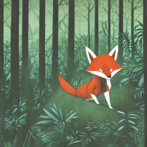 Image similar to an adventurous anthropomorphic fox walking through a lush forest, James jean