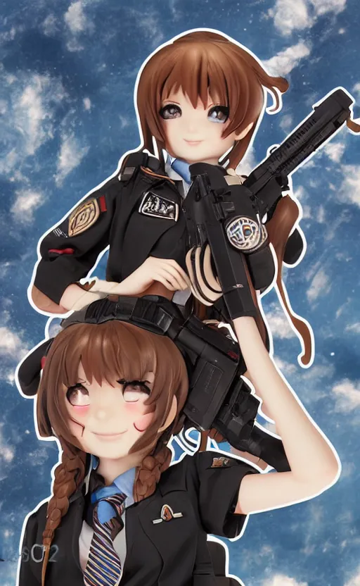 Image similar to toy photo, school uniform, portrait of the action figure of a girl, anime character anatomy, girls frontline universe, collection product, dirt and smoke background, flight squadron insignia, realistic military gear, 70mm lens, round elements, photo taken by professional photographer, trending on instagram, symbology, 4k resolution, low saturation, realistic sks carbine, realistic military carrier