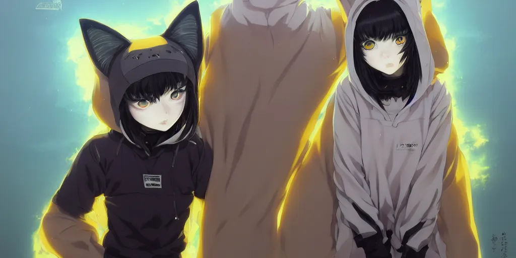 Image similar to with yellow eyes, a beautiful anime cyborg - girl wearing a cat hoodie, wlop, ilya kuvshinov, artgerm, krenz cushart, greg rutkowski, hiroaki samura, range murata, james jean, katsuhiro otomo, erik jones, serov, surikov, vasnetsov, repin, kramskoi