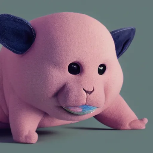 Image similar to detailed rendering of a pink chubby stuffed animal with dark blue shirt, gray triangle in face, by esao andrews, by james jean, humorous illustration, hyperrealistic, big depth of field, brilliant colors, 3 d octane render, 4 k, conceptart, hyperdetailed, trending on artstation