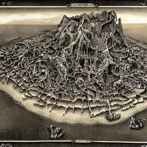 Prompt: old vintage dark fantasy map, horror, nightmare, extremely detailed, elden ring