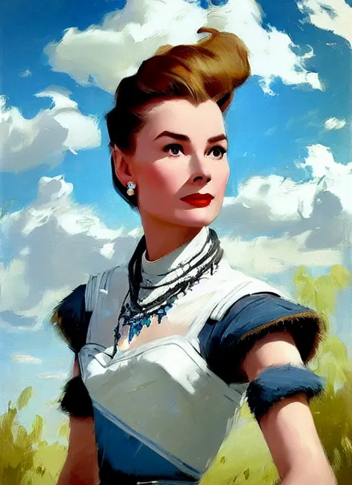 Prompt: A combination of Grace Kelly’s and Audrey Hepburn's appearance as Aloy from Horizon Zero Dawn, countryside, calm, fantasy character portrait, dynamic pose, above view, sunny day, thunder clouds in the sky, artwork by Jeremy Lipkin and Giuseppe Dangelico Pino and Michael Garmash and Rob Rey and Greg Manchess, very coherent asymmetrical artwork, sharp edges, perfect face, simple form, 100mm